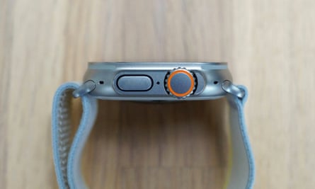 The digital crown and side button of the Apple Watch Ultra.
