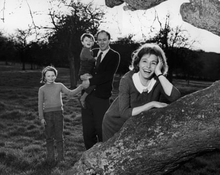 Patricia Neal and Roald Dahl with two of their children outside their farmhouse, April 1964