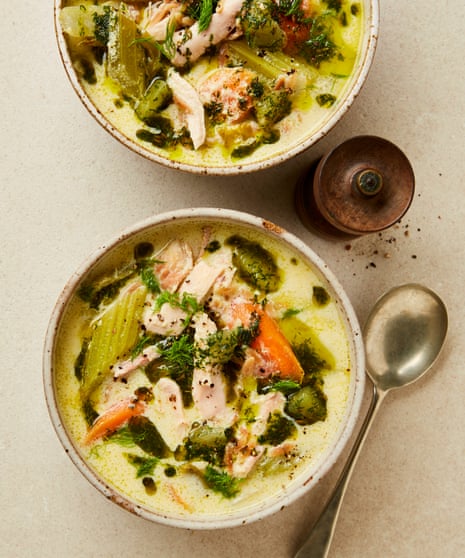 Yotam Ottolenghi's avgolemono soup with fennel and dill oil.