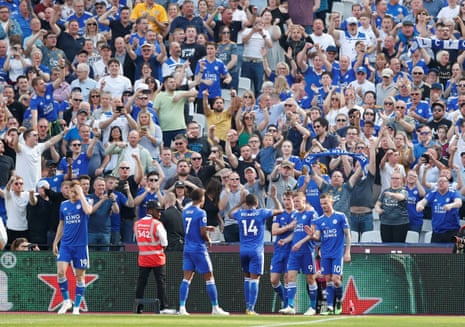 Leicester City’s Jamie Vardy celebrates scoring their first goal with teammates.