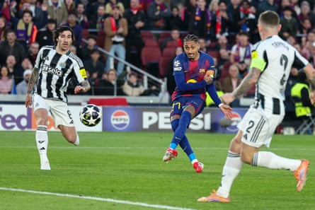 Raphinha scores Barcelona’s first extremity against Newcastle astatine nan Camp Nou.