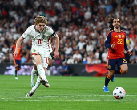 The England forward Anthony Gordon scores to make it 1-1 against Spain in their Nations League game at Wembley