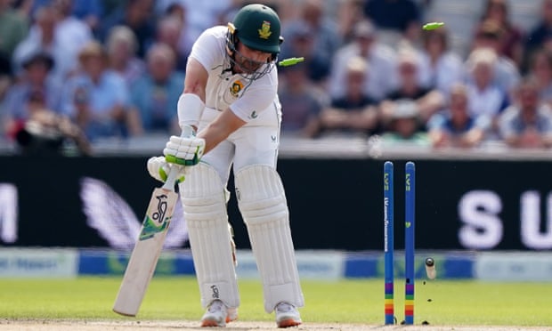 Dean Elgar’s bails fly after the South Africa captain’s dismissal by Jimmy Anderson.