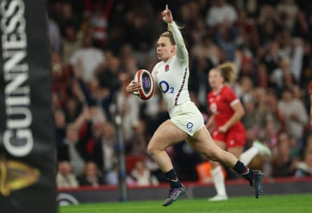 Meg Jones runs in England’s second try during their World Cup pool match against Wales.