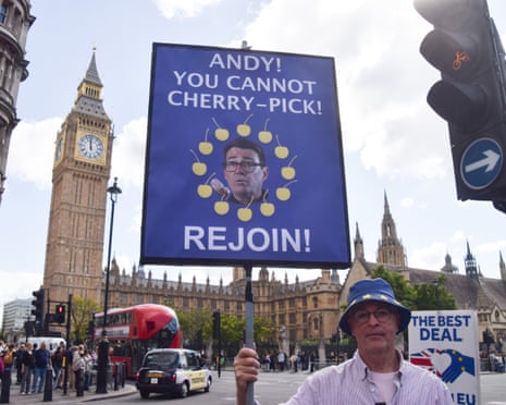 A protester holds a sign urging Andy Burnham to rejoin the EU, near Big Ben