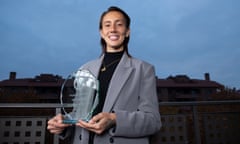 Atlético Madrid's Virginia Torrecilla pictured at her home in Madrid this month with her Guardian Footballer of the Year trophy