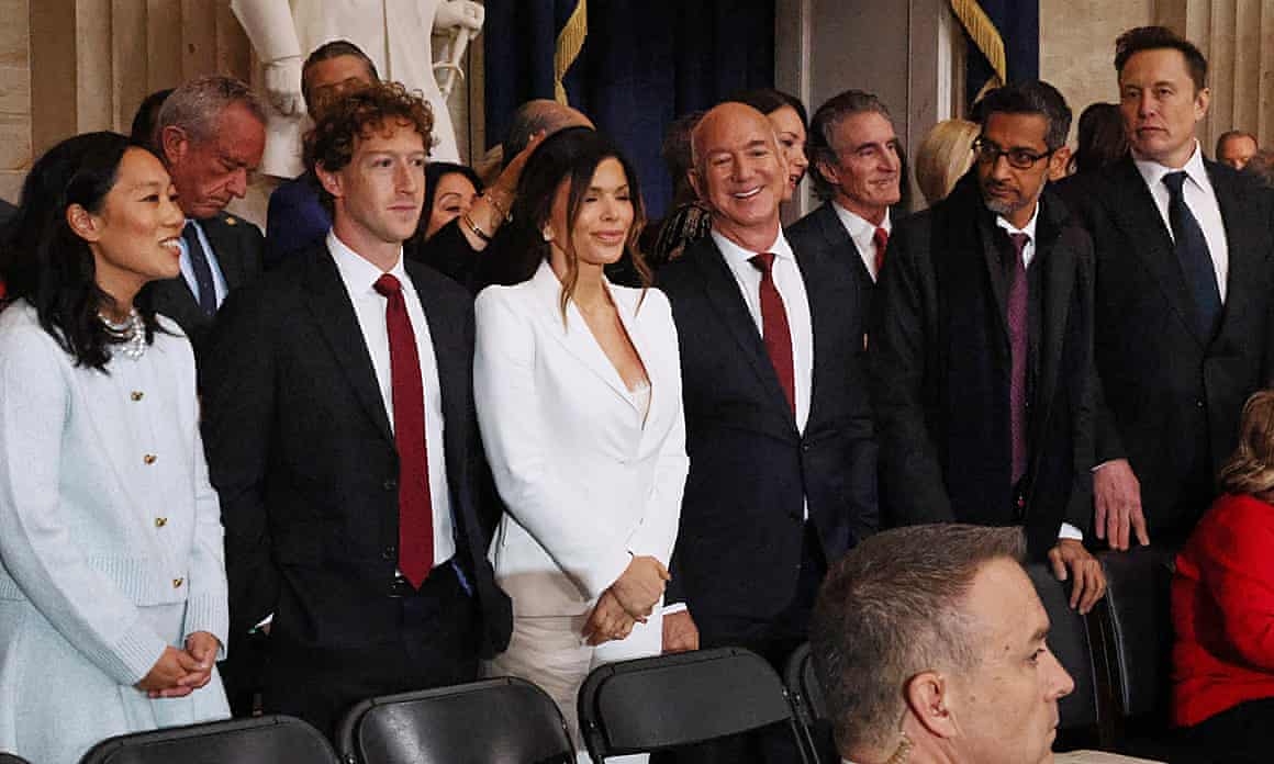 At the inauguration of Donald Trump: (from left) Priscilla Chan, Mark Zuckerberg, Lauren Sánchez, Jeff Bezos, Sundar Pichai and Elon Musk