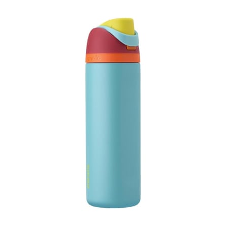 Owala FreeSip water bottle. The water bottle has a cyan body and red lid with blue orange and yellow features.