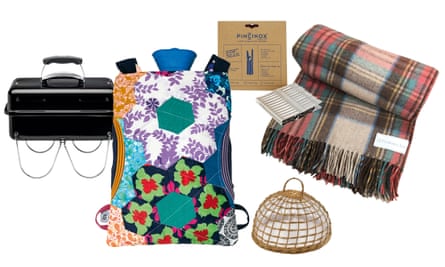 From left: the Weber Go-Anywhere gas barbecue; Pothies’ Cosymajig hot water bottle; stainless steel pegs from Pincinox; Woodbridge Kitchen Company wicker food cover; FlorenceLilly recycled wool blanket.