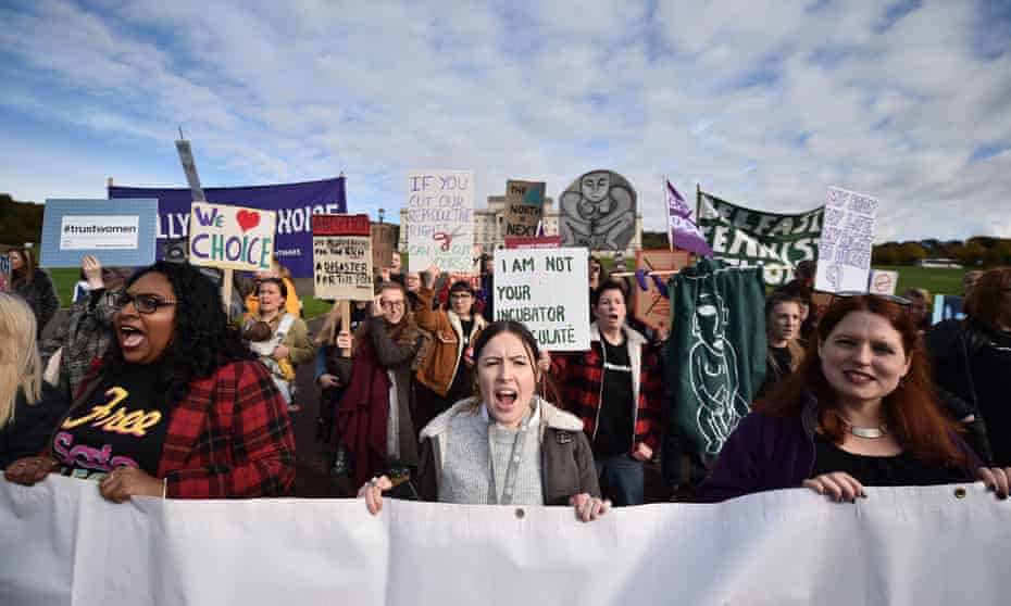 Abortion-rights demonstrators march through the streets of Belfast prior to the vote last March.