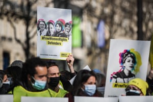 A solidarity protest for Yasaman Aryani and other activists in jail in Iran, near the Iranian embassy in Paris, France, on International Women’s Day. Aryani was arrested with her mother in March 2019 in Tehran, and each has been sentenced to 16 years in prison