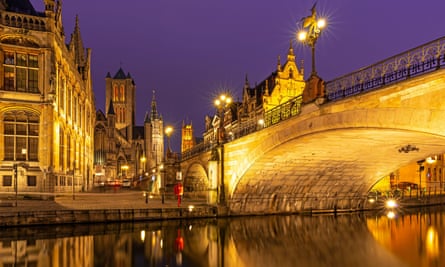 St Michael’s Bridge in Ghent and the belfry tower.