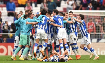Real Sociedad players celebrate after securing their place in next season’s Champions League.