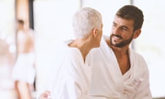 Posed by models Young man and a mature woman are having a romantic weekend at the spa