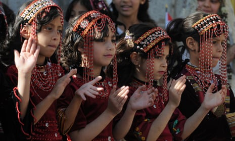 Yemeni girls take part in a fashion show held on 21 February in Sana’a to call for peace and an end of the ongoing war.