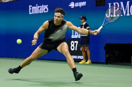 Ben Shelton plays a shot against Frances Tiafoe during the US Open semi-final.
