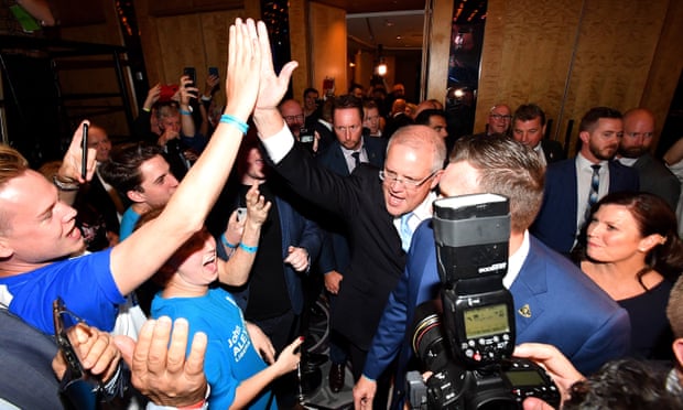 Australian prime minister Scott Morrison (C) celebrates with supporters after winning the 2019 Federal Election, at the Federal Liberal Reception at the Sofitel-Wentworth hotel in Sydney, Australia, 18 May 2019.