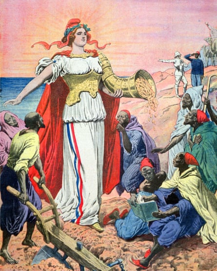 A 1911 illustration from Le Petit Journal depicting France as the benefactor of the people of Morocco.