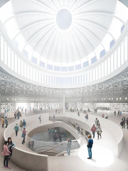 The ‘traditionally grandiose’ spiral escalator of Stanton Williams’s concept, beneath a raised version of Smithfield’s existing dome.