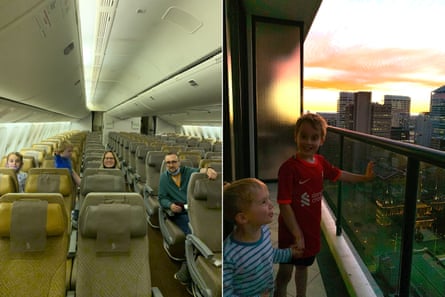 L-R: Flying from Singapore to Sydney with just 12 people on board. The terrifying balcony in quarantine.