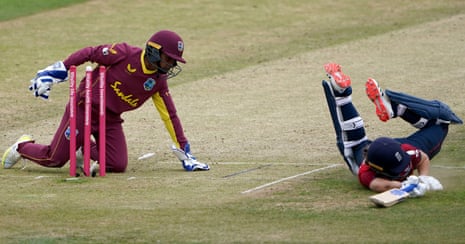 Engand’s Amy Jones survives a run-out from West Indies wicketkeeper Shemaine Campbelle.