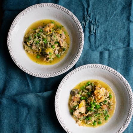 Chicken soup with leeks and orzo.