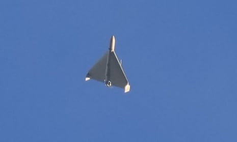 A drone is seen in the sky seconds before it fired on buildings in Kyiv on 17 October