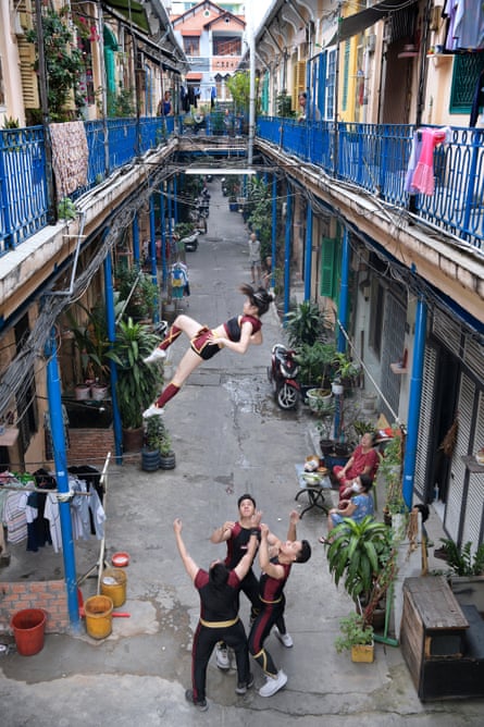 Members of the Saigon Beast cheerleading team practise in the streets of Ho Chi Minh City, Vietnam