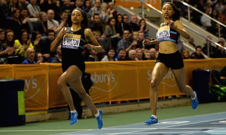 Shannon Hylton just beating sister Cheriece Hylton to the gold in the womens 200 metres during the Sainsbury’s British Athletics Indoor Championships at English Institute of Sport on February 15, 2015 in Sheffield, England