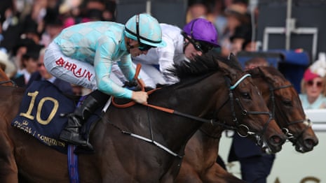 Tom Marquand rides Alobayyah, nearside, to win the Kensington Palace Stakes at Royal Ascot.