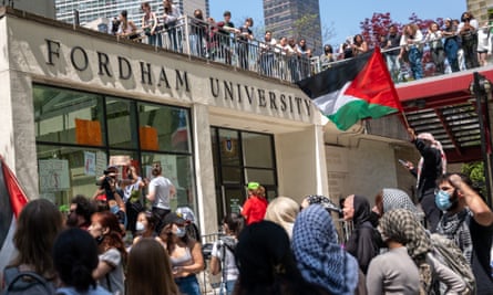 Pro-Palestinian protesters outside Fordham’s Lincoln Center campus