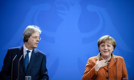 Paolo Gentiloni and Angela Merkel give a press conference in Berlin.