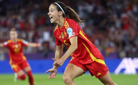 Bonmatí celebrates after scoring for Spain against Germany at Euro 2025.