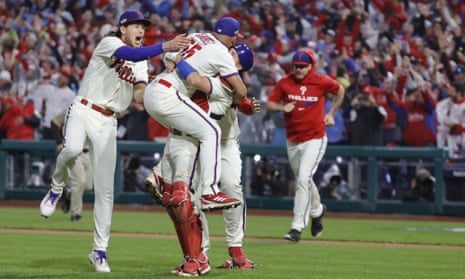 The Philadelphia Phillies celebrate after defeating the San Diego Padres to reach the World Series