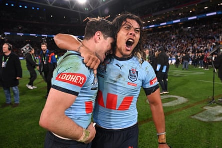 Mitchell Moses and Jarome Luai celebrate NSW’s 2024 series win.