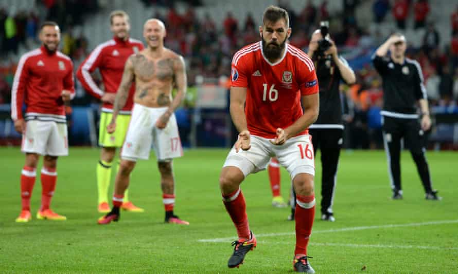 Wales’s Joe Ledley dances in celebration after the 3-1 quarter-final victory against Belgium in Lille