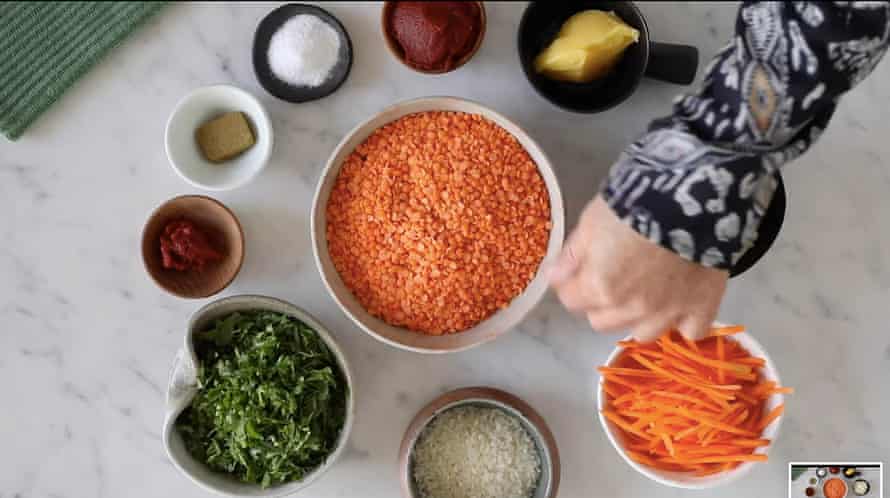 Ingredients for red lentil soup, arranged in a spiral