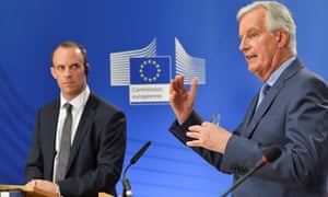 Michel Barnier, right, during a joint press conference with the Brexit secretary, Dominic Raab.