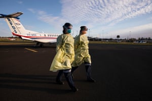 Ruth Clarke, Lydia Newton, retrieval flight nurses for the Flying Doctors at Dubbo airport, NSW, Australia. Dubbo was one of the western NSW towns that experienced a wave of Delta outbreaks, 3 September 2021.