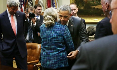 President Barack Obama hugs gold star mother Michelle DeFord during a meeting with veterans and Gold Star Mothers at the White House on 10 September 2015.