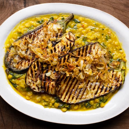 Grilled aubergines, lentils and spinach.