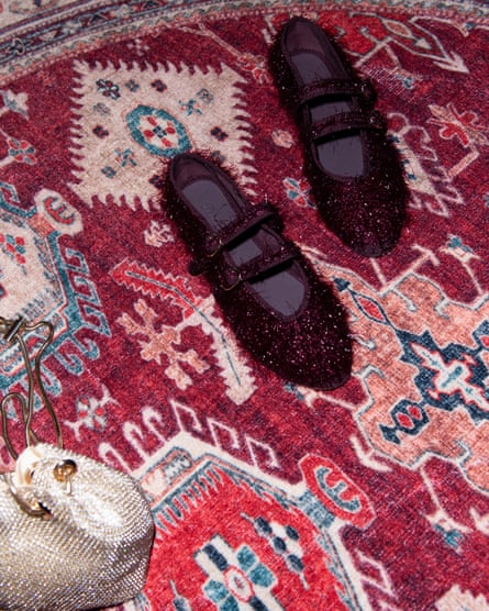 burgundy tinsel flats with two cross straps