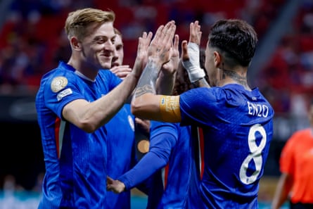 Enzo Fernández (right) celebrates with Liam Delap after the Argentinian scored Chelsea’s second goal against Los Angeles FC