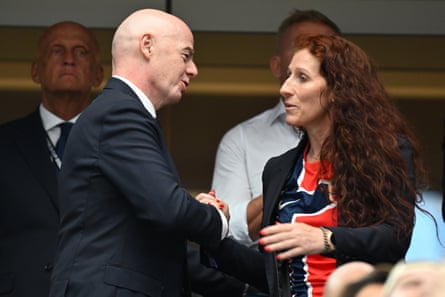 FIFA president Gianni Infantino shakes hand with Norwegian Football Federation president Lise Klaveness before the FIFA World Cup 2026 Round Of 32 match between Cote D’Ivoire and Norway