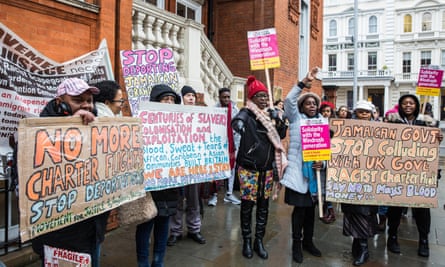 Activists from Movement for Justice and other campaign groups opposed to the UK government’s hostile environment policy protest outside the Jamaican high commission against plans by the Home Office and the Jamaican government to recommence mass deportation charter flights on 6 February 2019.