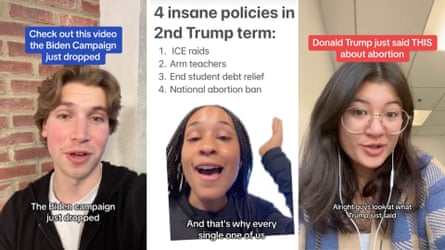 three side by side pics showing young people with the captions “check out this video the biden campaign just dropped”, “4 insane policies in second trump term - 1. ice raids, 2. arm teachers, 3. end student debt relief, 4. national abortion ban”, and “donald trump just said this about abortion” 