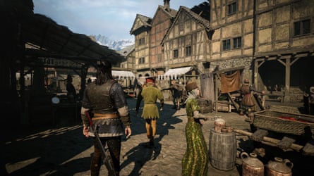 A 14th-century town, with several people browsing a market. The player character Coen has a sword at his hip.