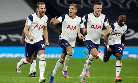 Tottenham’s Harry Kane (left), Erik Lamela, Eric Dier and Serge Aurier celebrate after Mason Mount missed Chelsea’s fifth penalty.