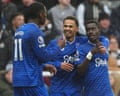Thierno Barry (left) joins in the celebrations after his winning goal at Newcastle.