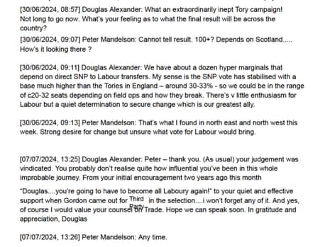 Mandelson/Douglas Alexander exchanges